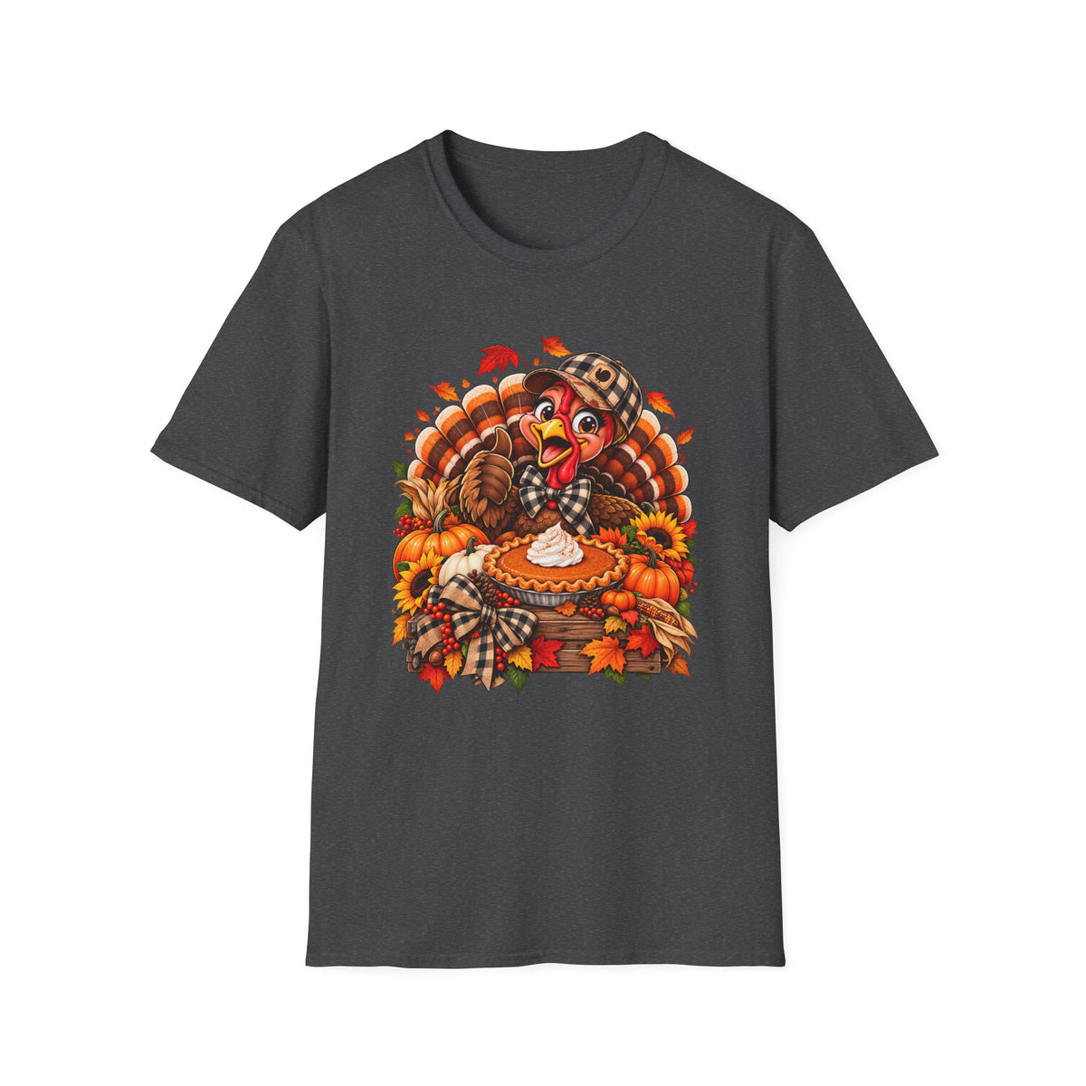 Cartoon Thanksgiving Turkey T-Shirt | Pumpkin Pie, Fall Leaves, Plaid Scarf