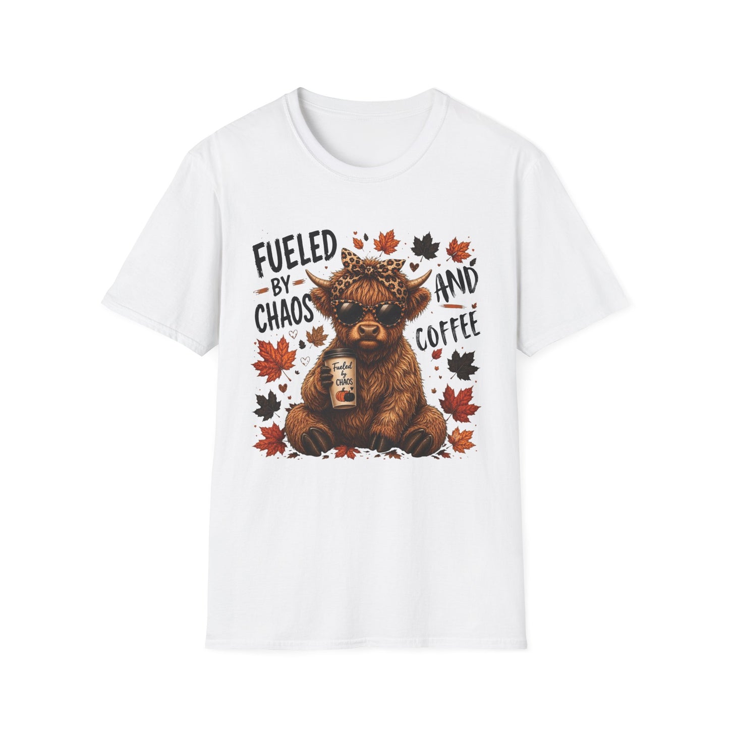 Fueled by Chaos and Coffee T‑Shirt — Cute Highland Cow Fall Graphic Tee