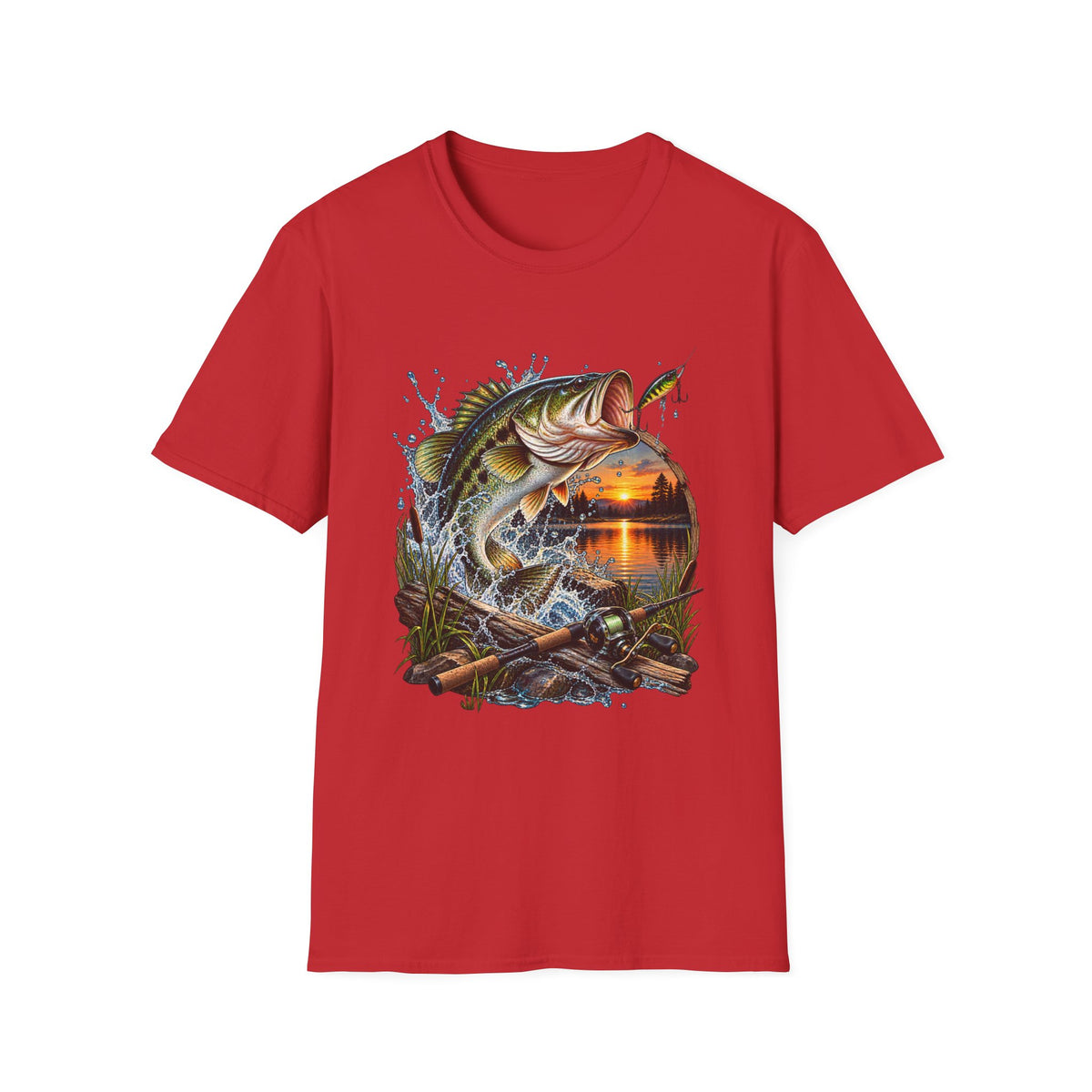 Sunset Bass Jumping T-Shirt | Largemouth Bass Fishing Design