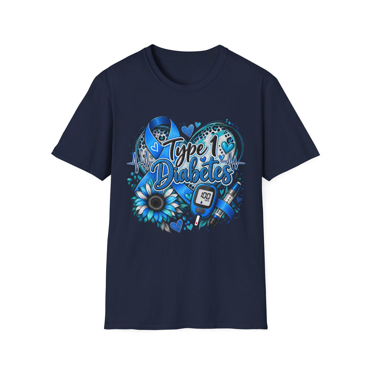 Type 1 Diabetes Awareness T-Shirt — Blue Ribbon Heart Design