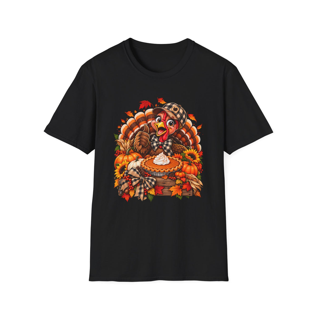 Cartoon Thanksgiving Turkey T-Shirt | Pumpkin Pie, Fall Leaves, Plaid Scarf