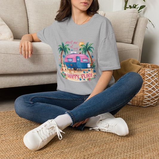 Meet Me at My Happy Place Camper T-Shirt | Retro Pink Trailer