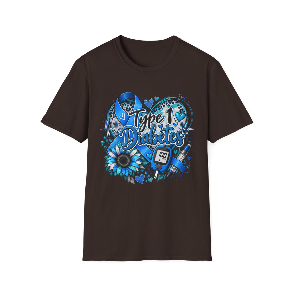 Type 1 Diabetes Awareness T-Shirt — Blue Ribbon Heart Design