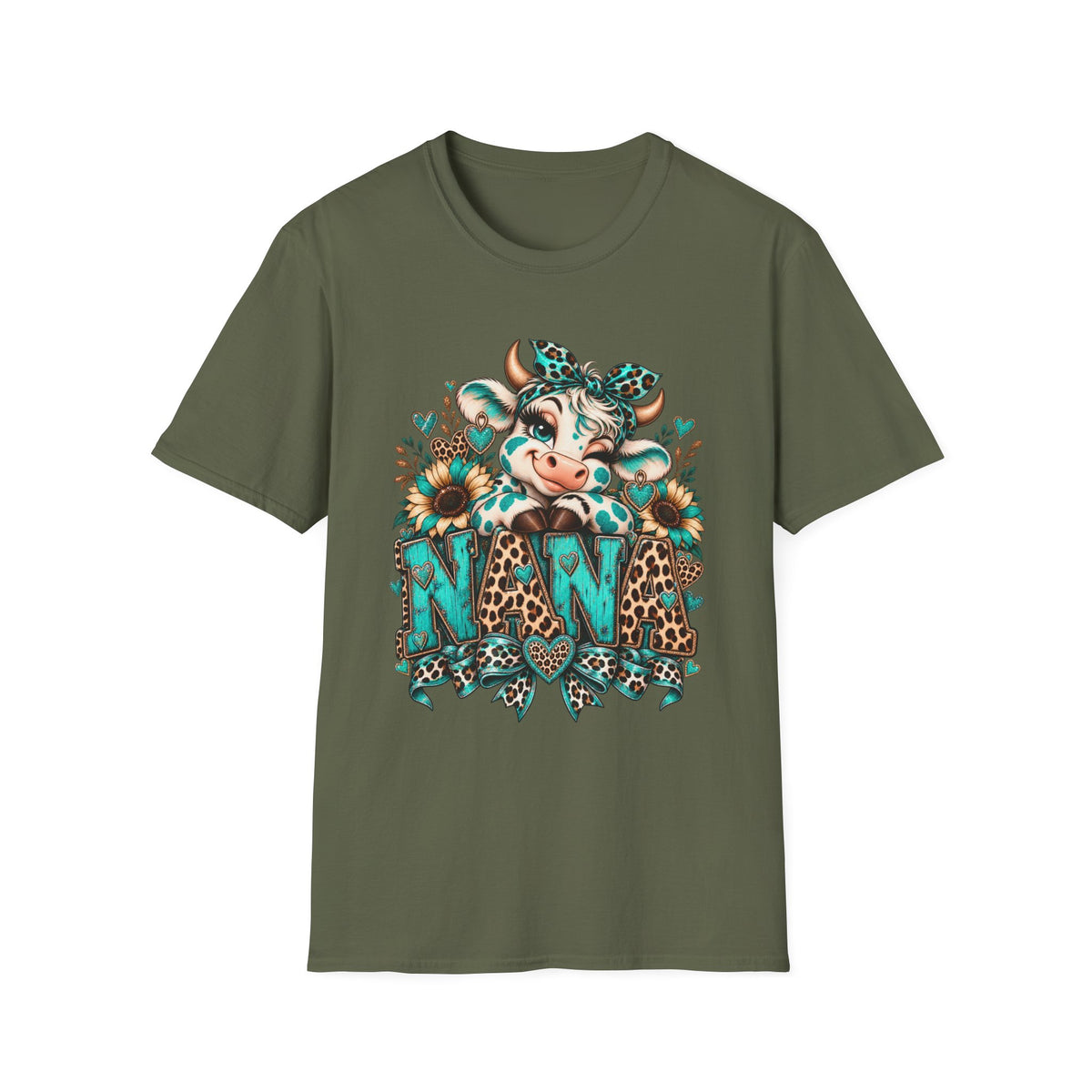 Cow Nana shirt | Cow with sunflowers, teal leopard print NAN T-Shirt