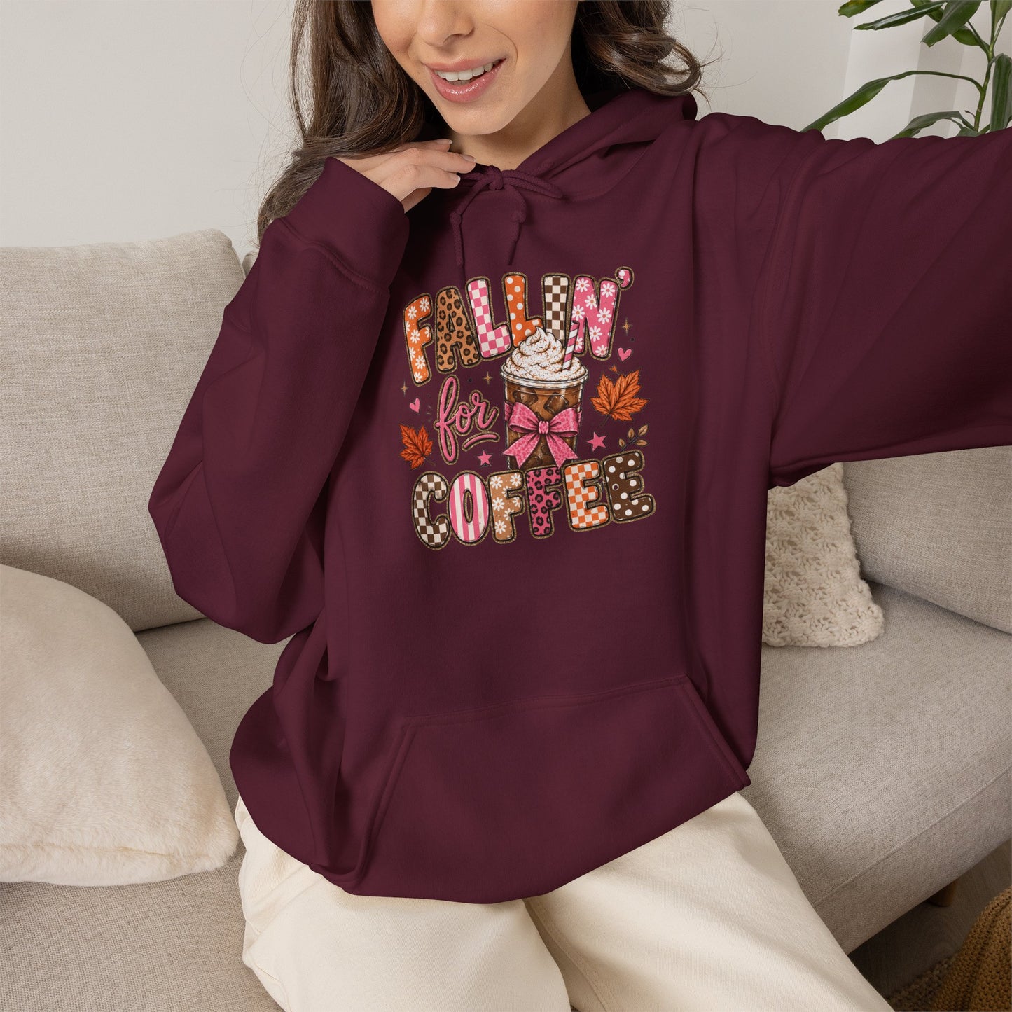 Fallin' for Coffee Hoodie | Autumn Coffee Cup, Leaves, Cozy Fall Design