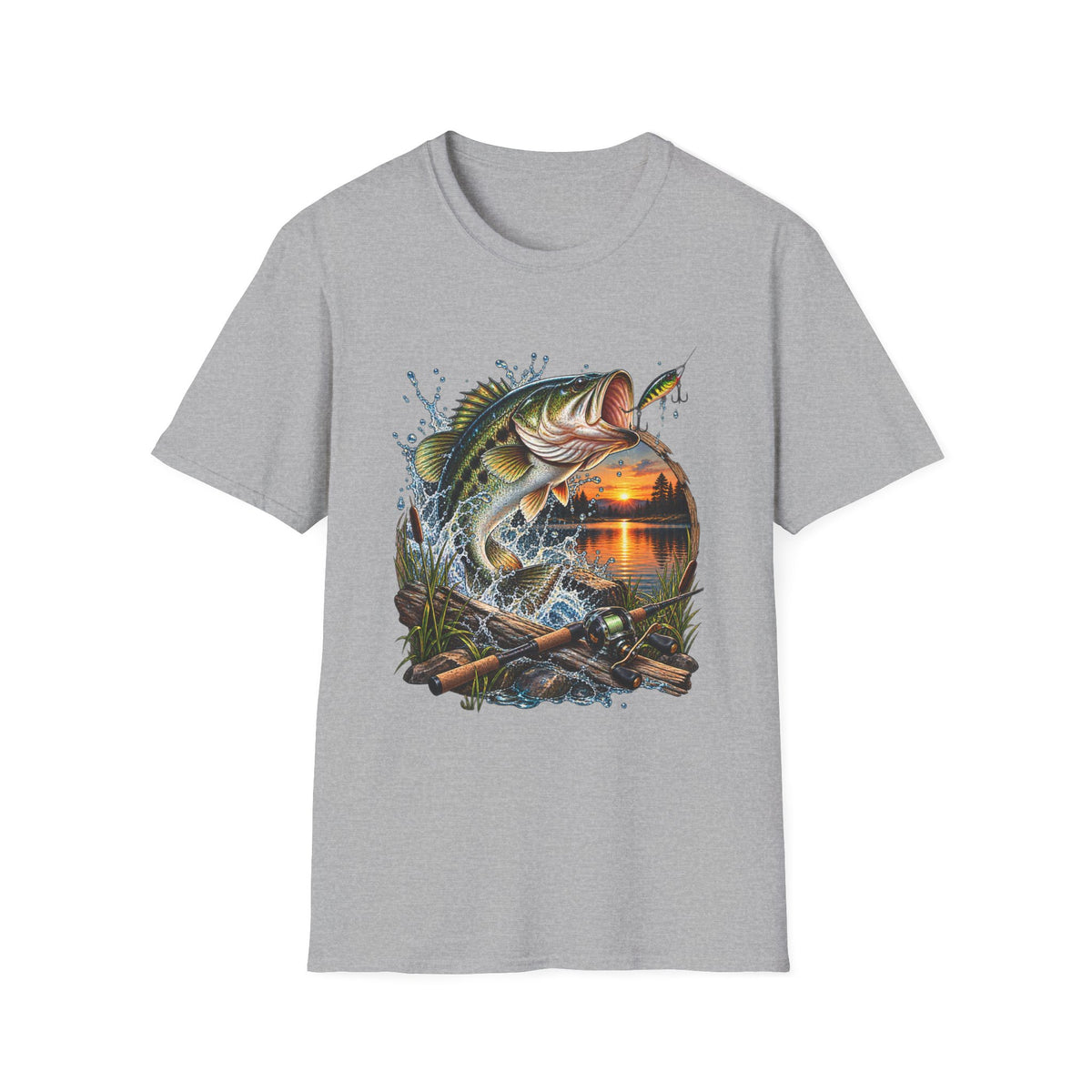 Sunset Bass Jumping T-Shirt | Largemouth Bass Fishing Design