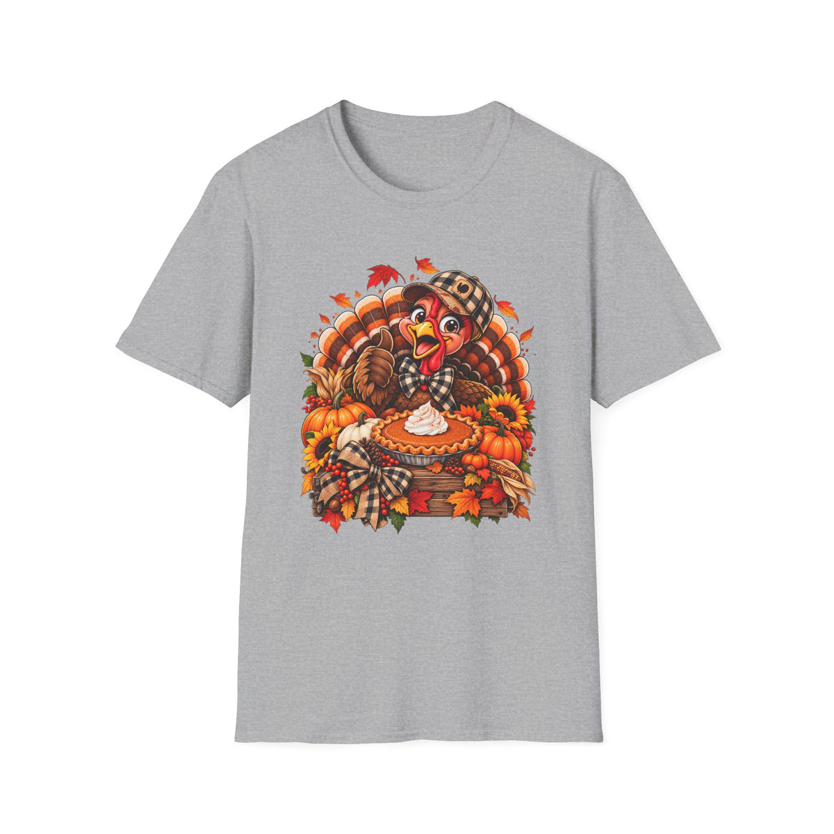 Cartoon Thanksgiving Turkey T-Shirt | Pumpkin Pie, Fall Leaves, Plaid Scarf