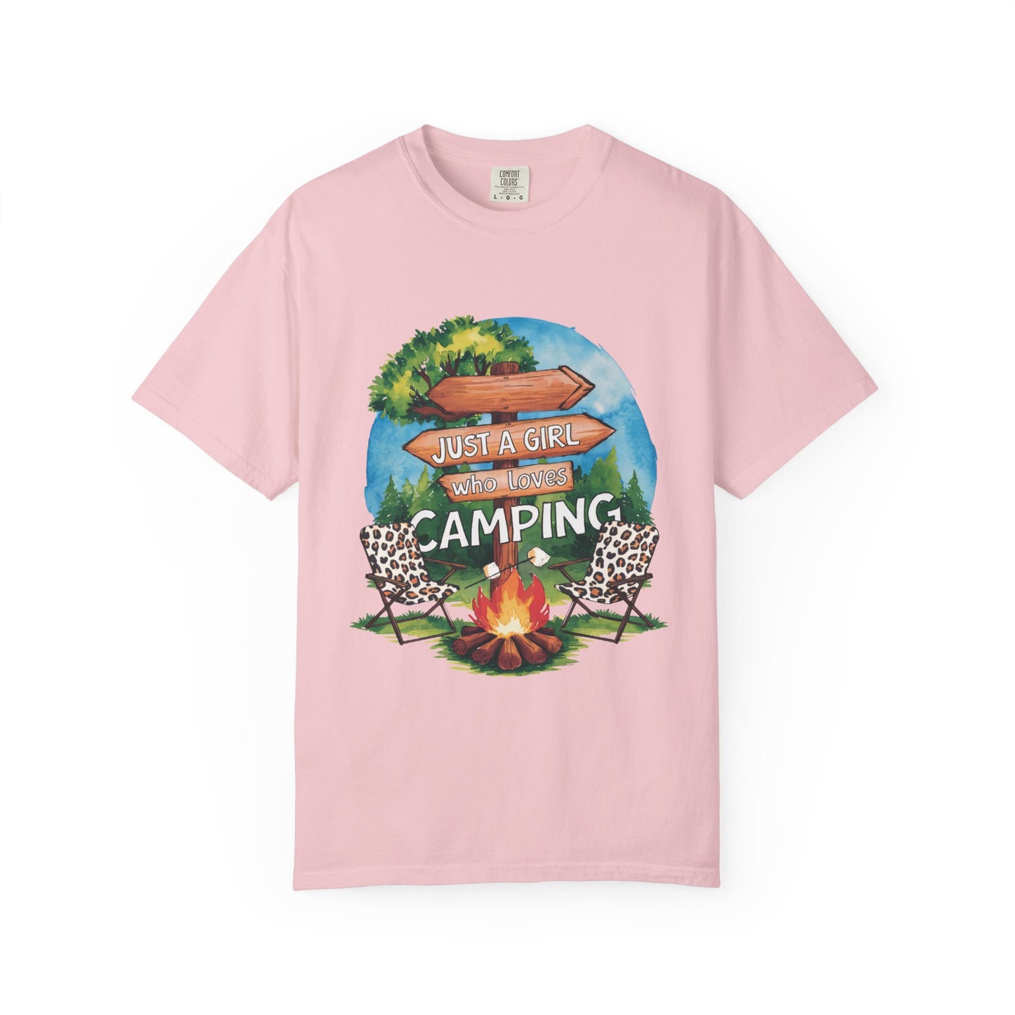 Just a Girl Who Loves Camping T-Shirt | Campfire Chairs Sign Arrow Design