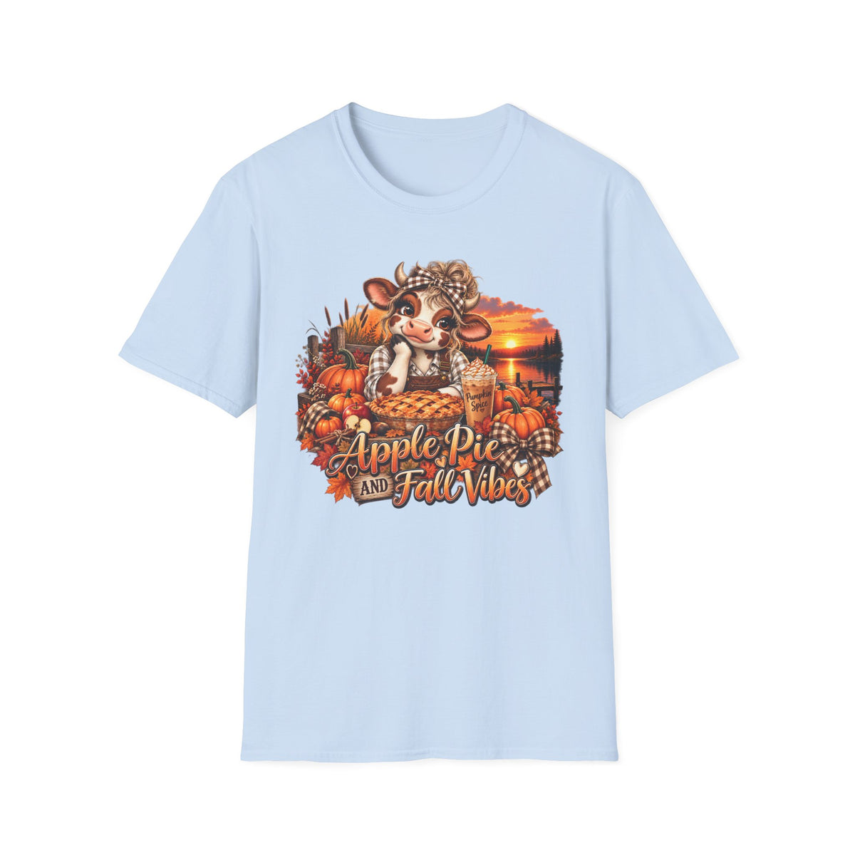 Apple Pie and Fall Vibes T-Shirt | Cute Cow Autumn Pumpkin Design