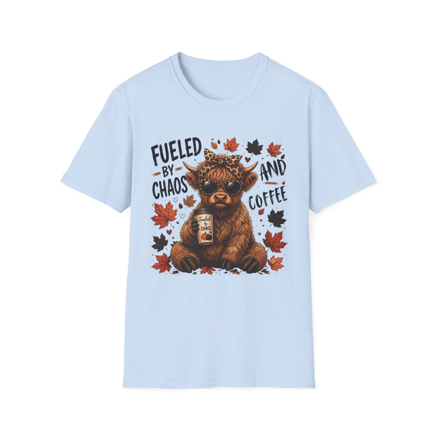 Fueled by Chaos and Coffee T‑Shirt — Cute Highland Cow Fall Graphic Tee
