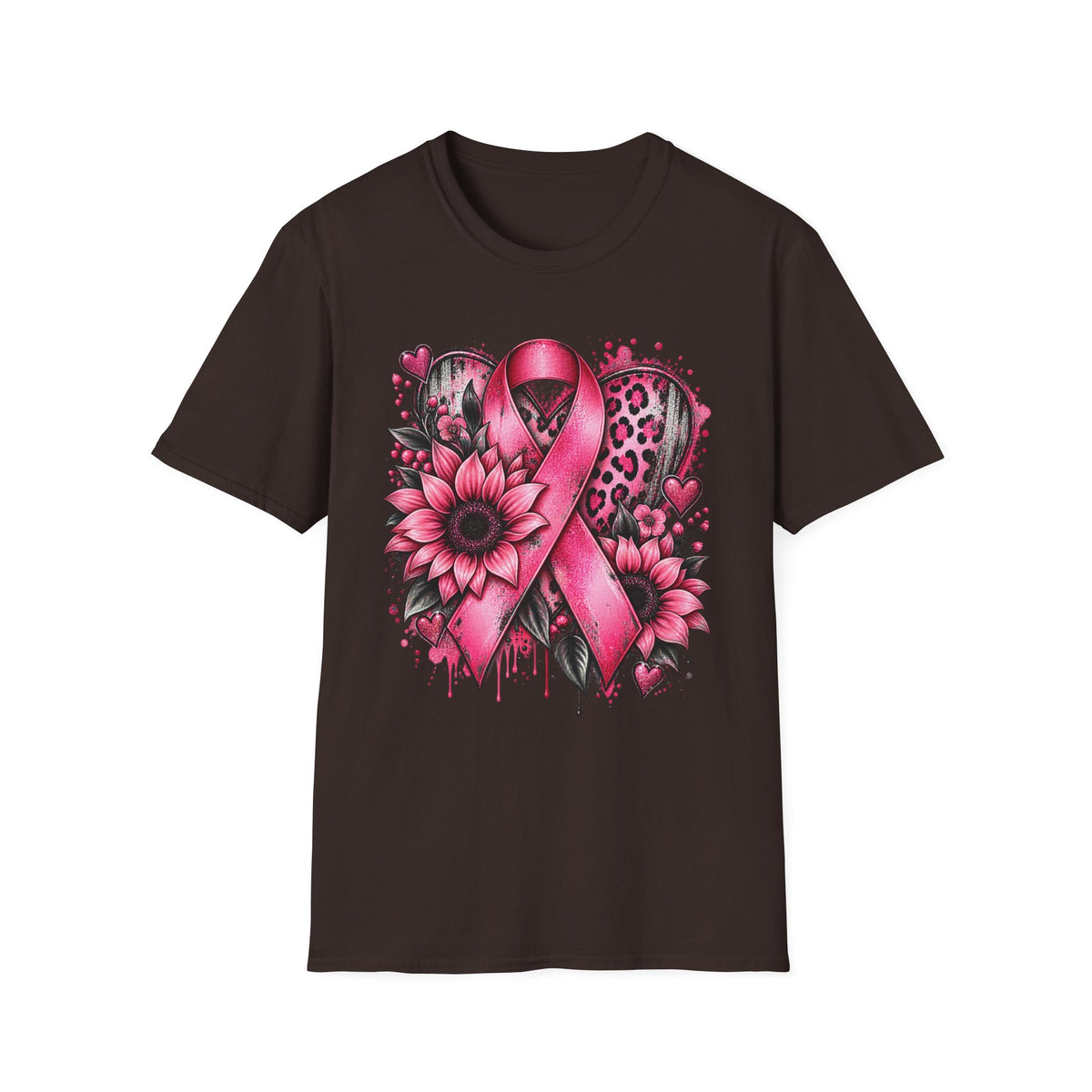 Pink Awareness Ribbon Heart T-Shirt | Floral Leopard Breast Cancer Design