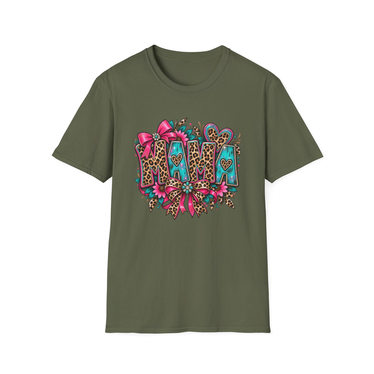 Mom Leopard Print Floral T-Shirt | Turquoise Pink Western Heart Design