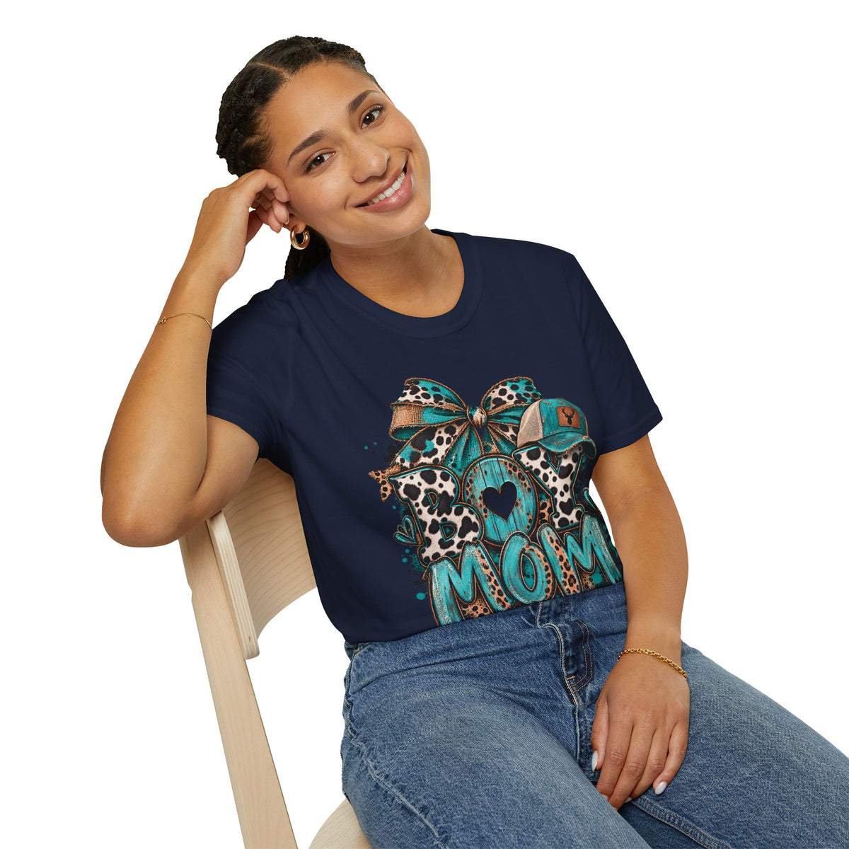 Teal Leopard Boy Mom T-Shirt | Heart Bow Baseball Cap Design