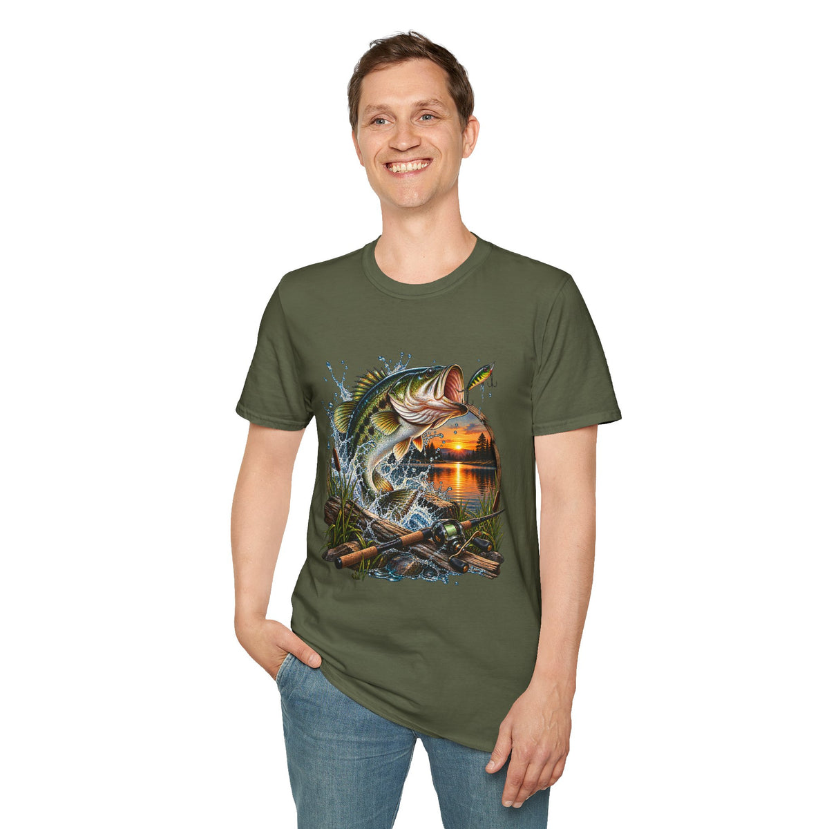 Sunset Bass Jumping T-Shirt | Largemouth Bass Fishing Design