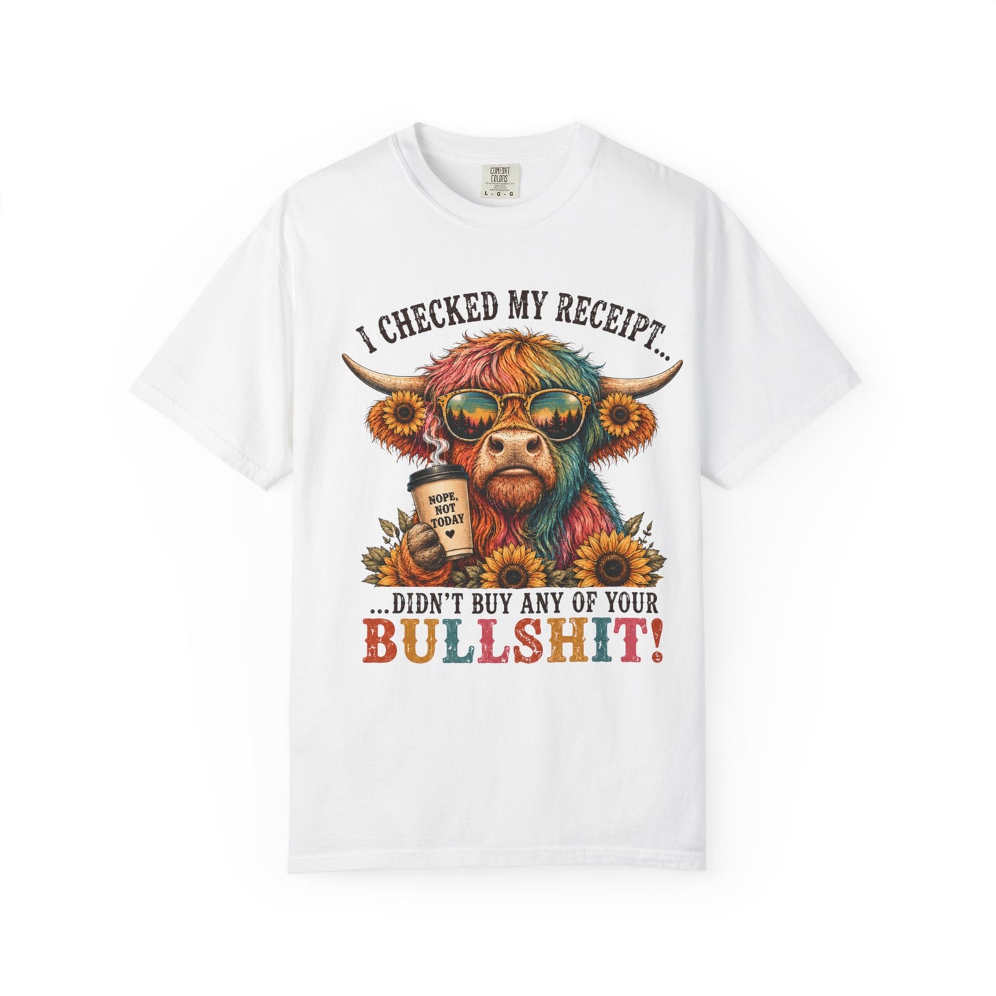 I Checked My Receipt Highland Cow Illustration T-shirt | Funny Sarcastic Quote