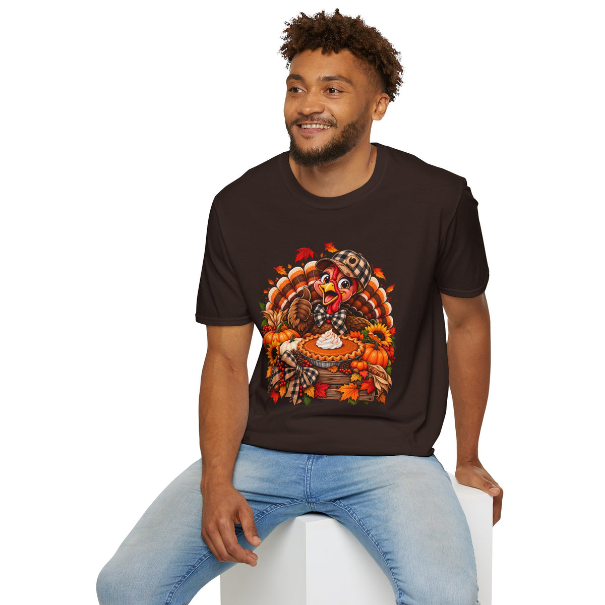 Cartoon Thanksgiving Turkey T-Shirt | Pumpkin Pie, Fall Leaves, Plaid Scarf