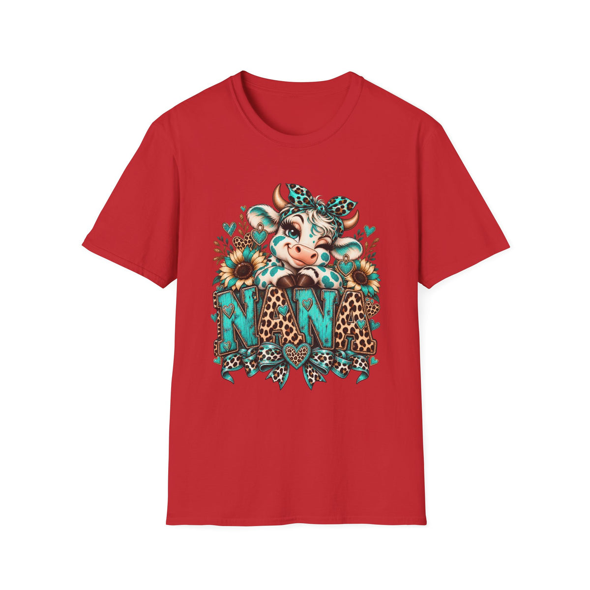 Cow Nana shirt | Cow with sunflowers, teal leopard print NAN T-Shirt