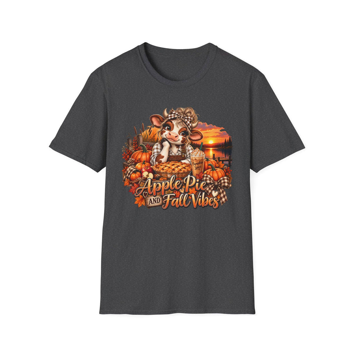 Apple Pie and Fall Vibes T-Shirt | Cute Cow Autumn Pumpkin Design