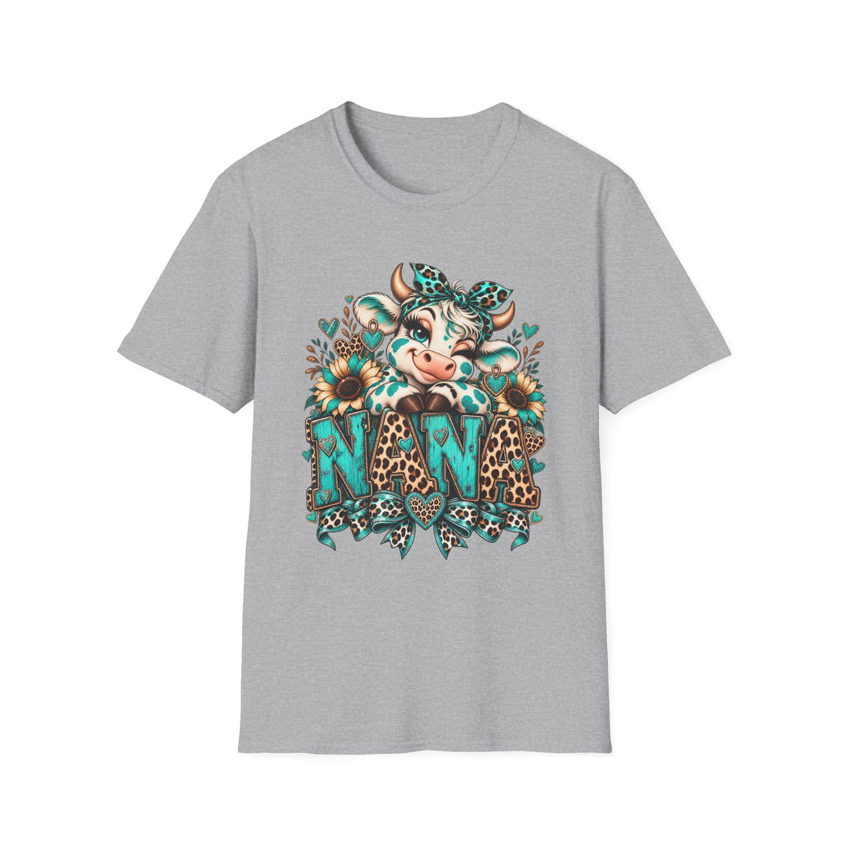 Cow Nana shirt | Cow with sunflowers, teal leopard print NAN T-Shirt