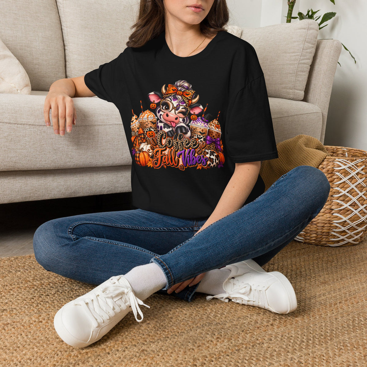 Cow Autumn Fall Vibes T-Shirt | Pumpkin Spice, Sunflowers, Cozy Harvest