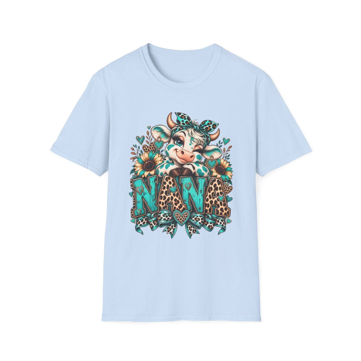 Cow Nana shirt | Cow with sunflowers, teal leopard print NAN T-Shirt