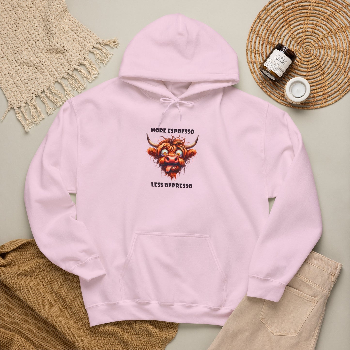 More Expresso Less Depresso hoodie | Grinning Bull Coffee Illustration