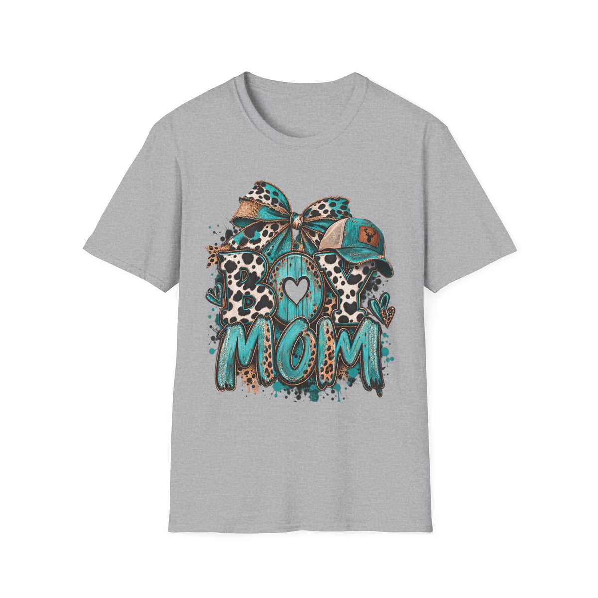 Teal Leopard Boy Mom T-Shirt | Heart Bow Baseball Cap Design