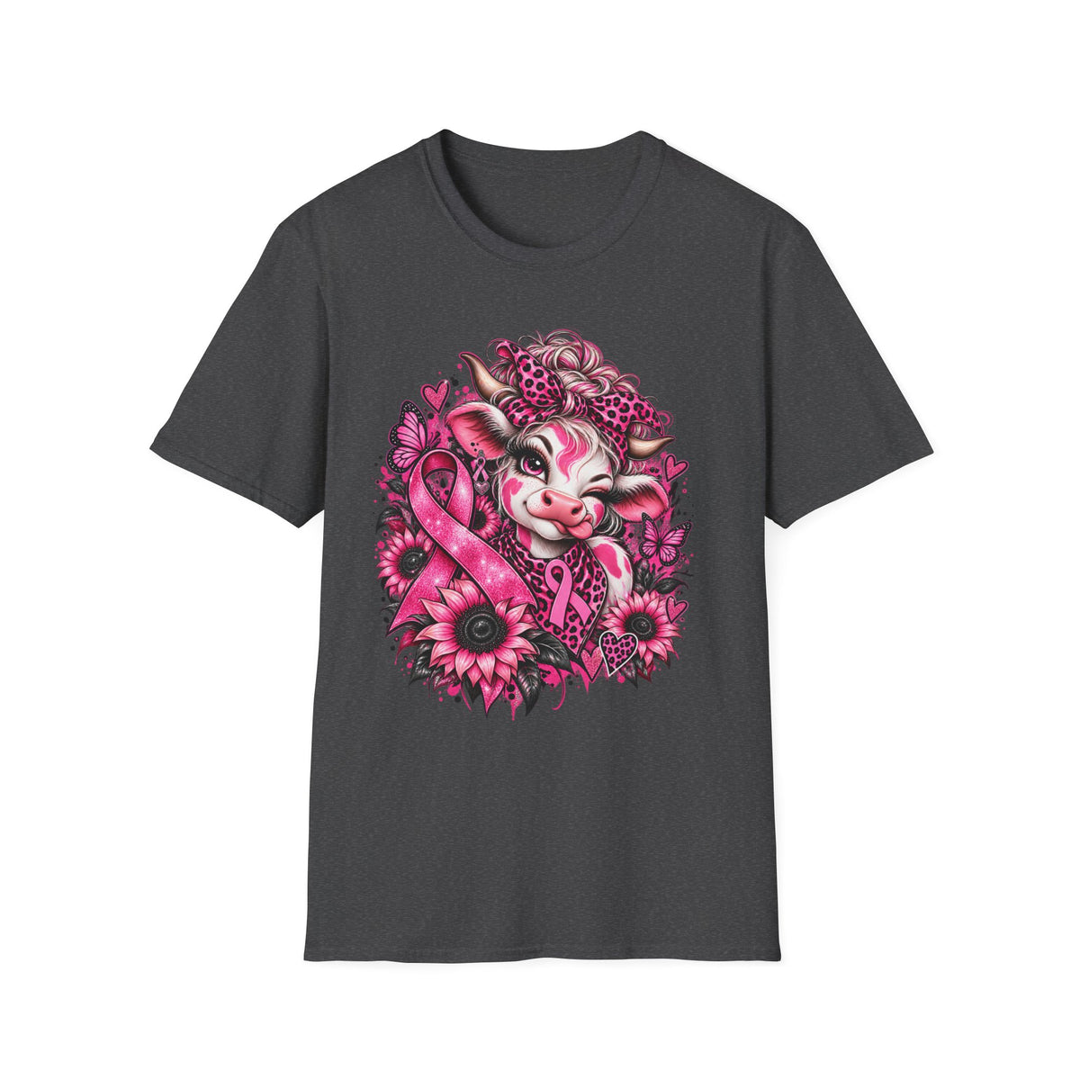Cow Floral Breast Cancer Ribbon T-Shirt | Pink Sunflower Awareness