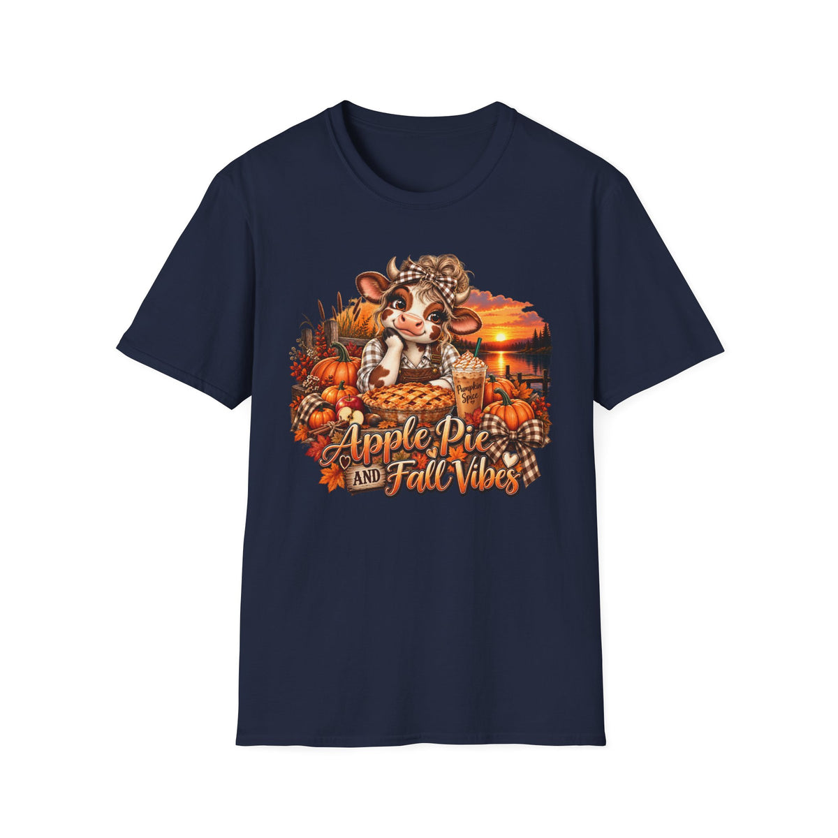 Apple Pie and Fall Vibes T-Shirt | Cute Cow Autumn Pumpkin Design